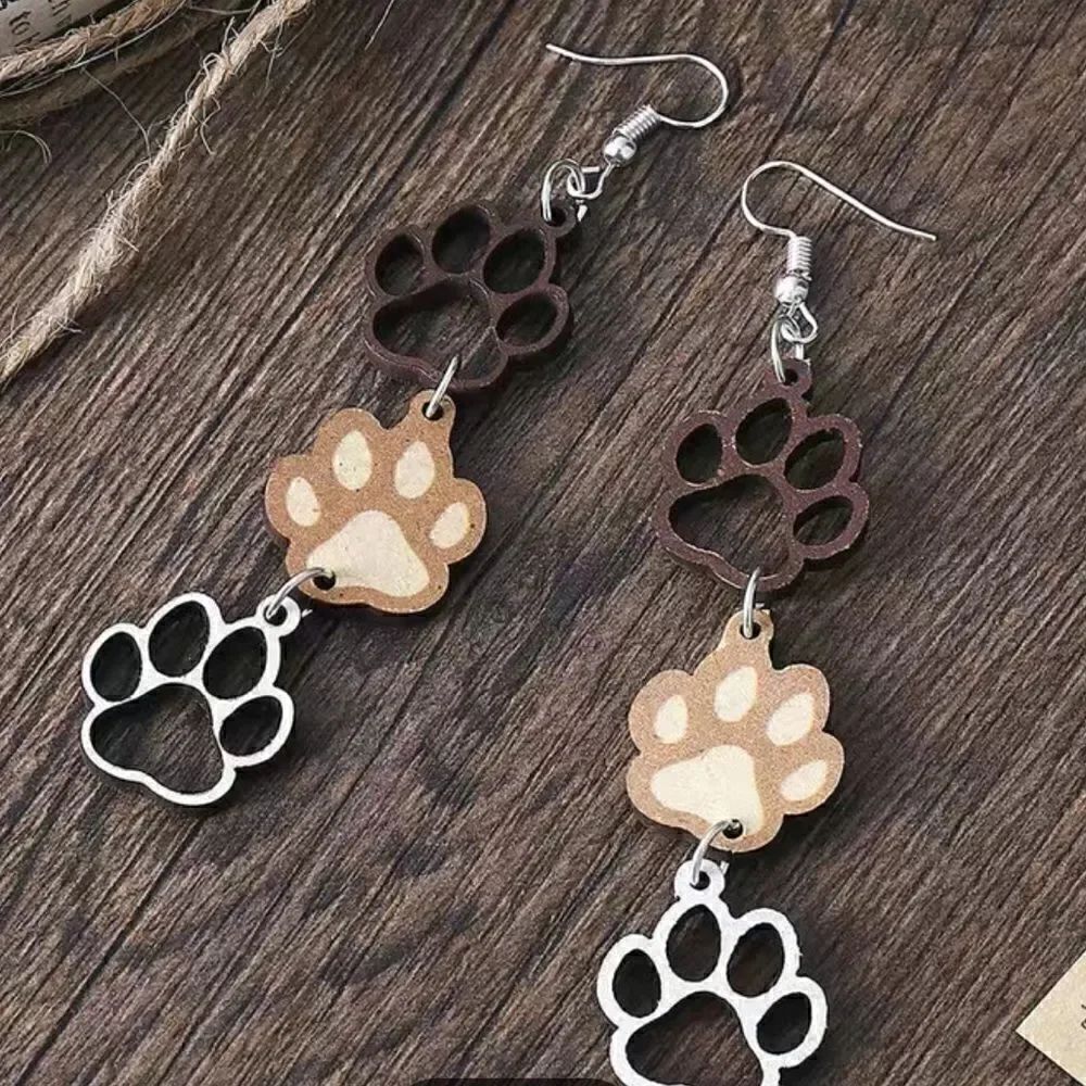 Cute Wooden Pup Footprint Dangle Earrings NWT